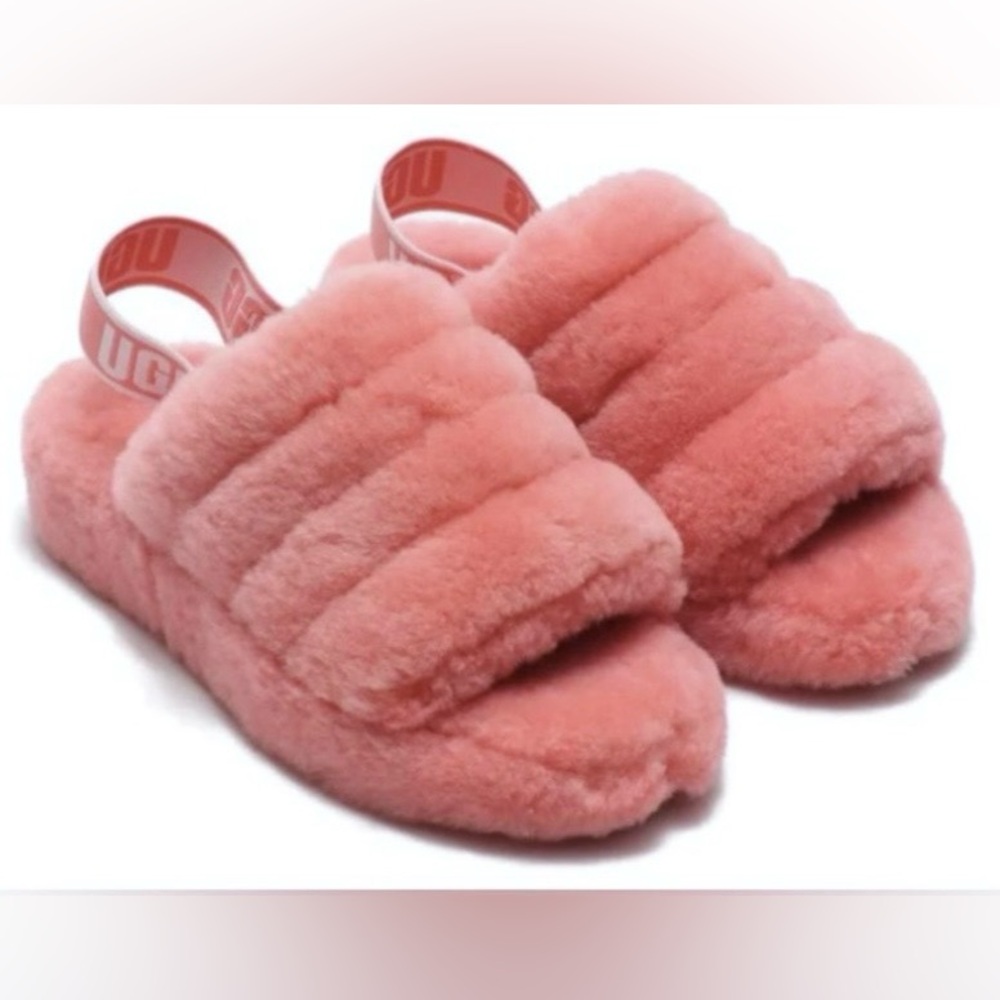 UGG Sheepskin Slides Fluff Yeah with Elastic Logo Strap Salmon Pink color Size 7